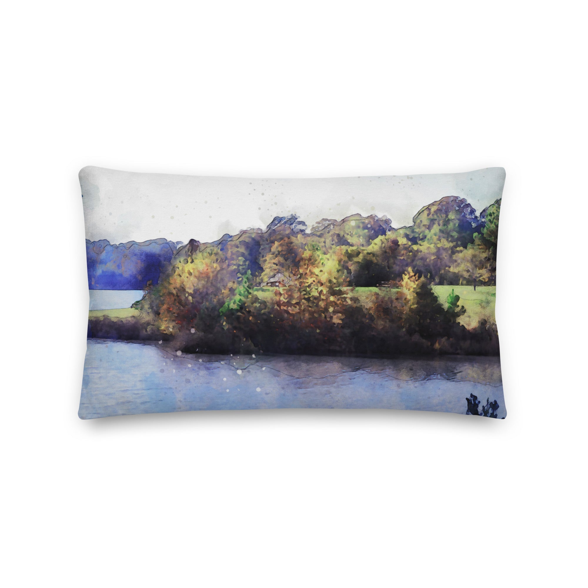 Matching Hillside Waters throw pillow, included with every metal print